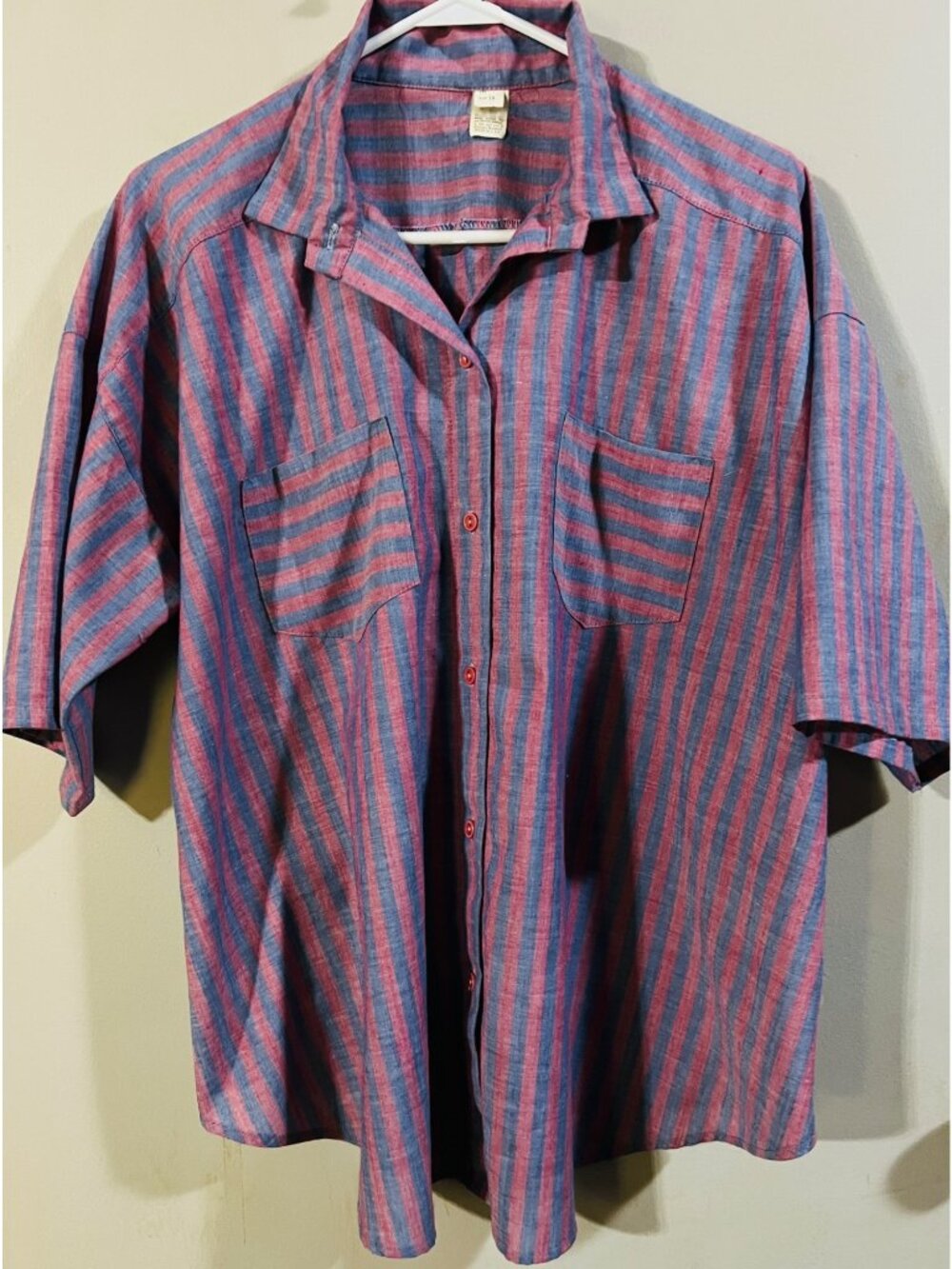 Vintage Womens Size 16 Red & Blue Striped Short Sleeve Button-Up Shirt